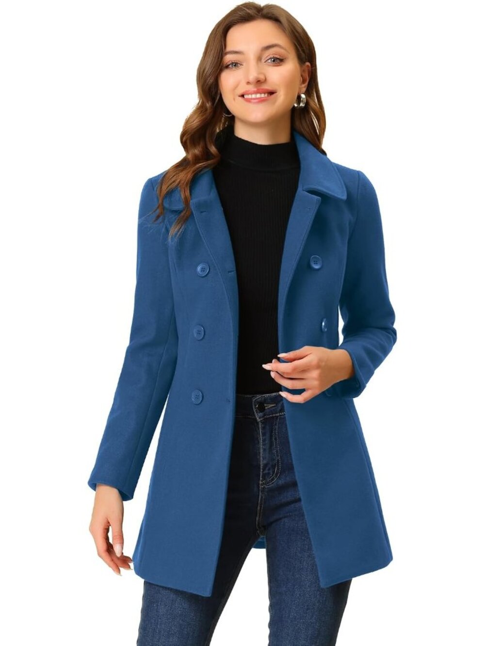Women's Dark Blue Fully lined Peter Pan Collar Double Breasted Trench Pea Coat
